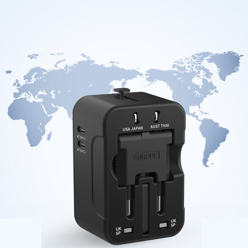 "Universell reseadapter med dubbla USB-portar i flera färger, kompakt design för resa, ladda enheter var som helst."