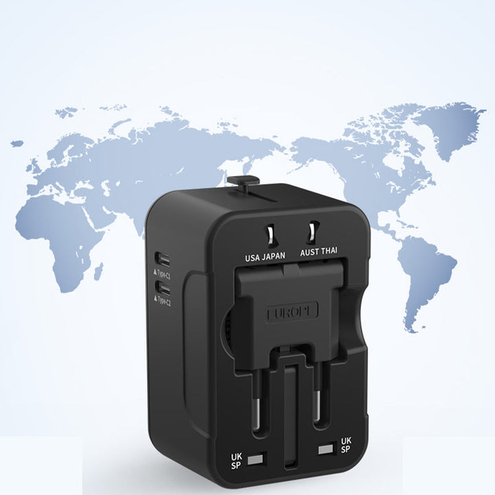 "Universell reseadapter med dubbla USB-portar i flera färger, kompakt design för resa, ladda enheter var som helst."