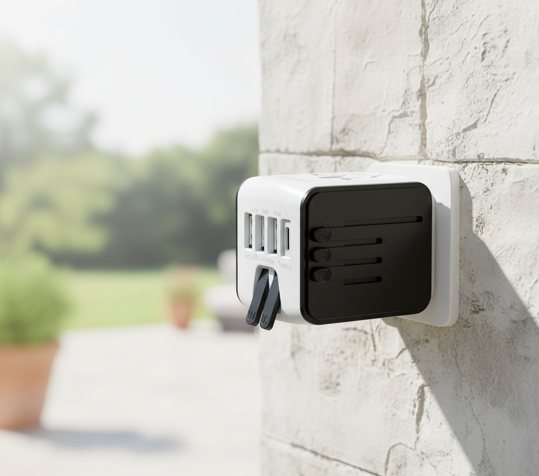 Universell reseadapter med USB-C för global användning och snabbladdning på resan.