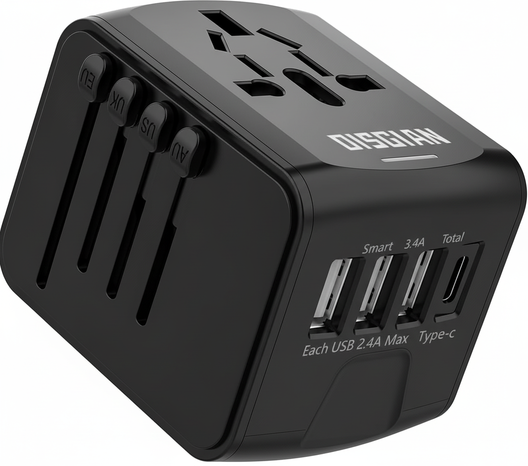 Världsreseadapter med utbytbara kontakter för USA, EU, UK, AU – perfekt för alla resor.