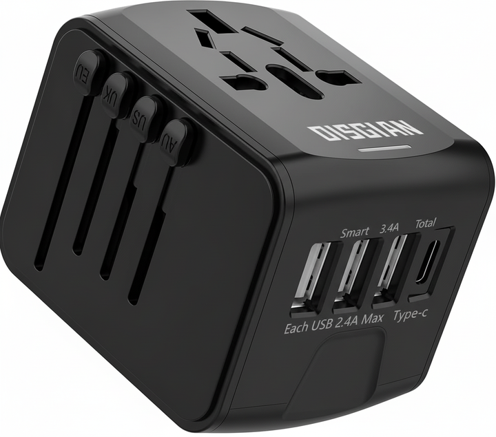 Världsreseadapter med utbytbara kontakter för USA, EU, UK, AU – perfekt för alla resor.