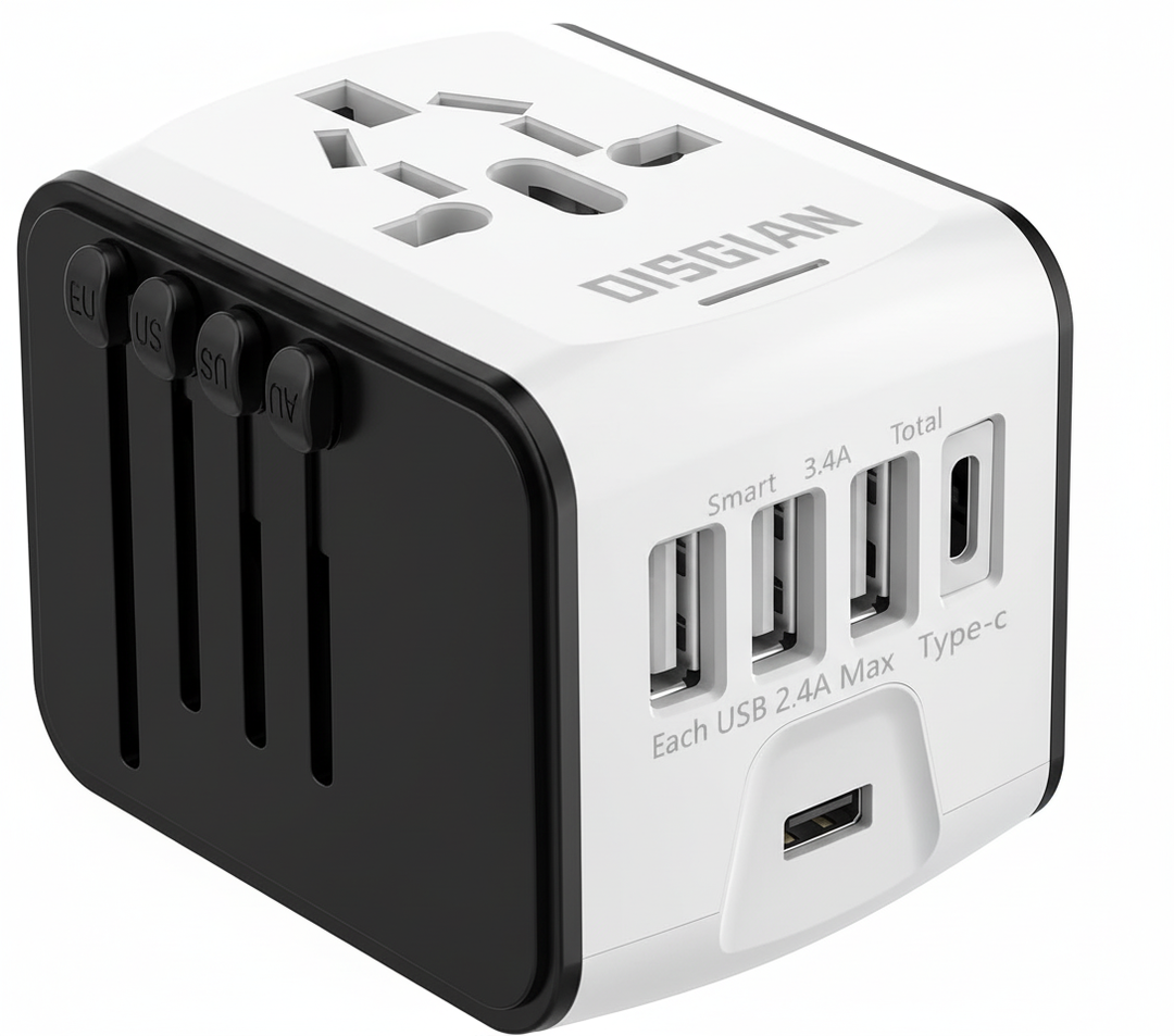 Modern reseadapter med snabb USB-C laddning för mobiltelefoner och andra enheter globalt.