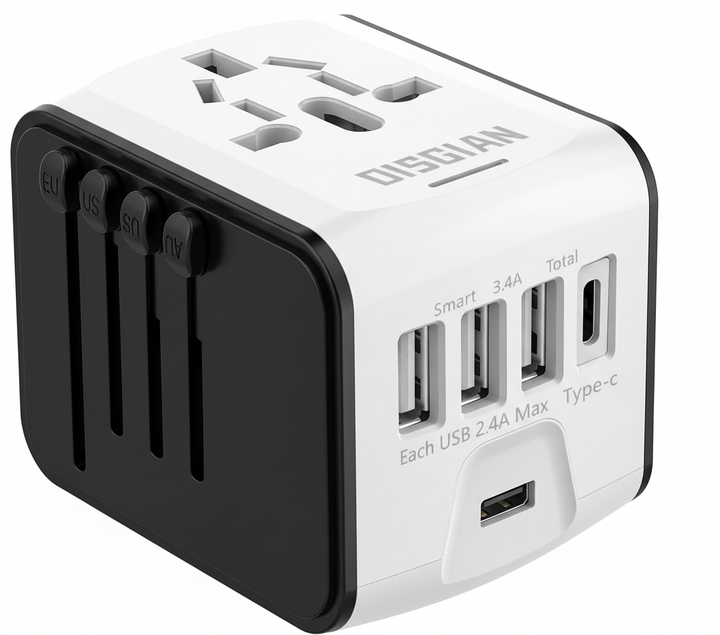 Modern reseadapter med snabb USB-C laddning för mobiltelefoner och andra enheter globalt.