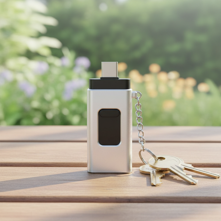 Universellt 4-i-1 USB-minne för enkel filöverföring mellan iPhone, Android och dator. Snygg metalldesign.