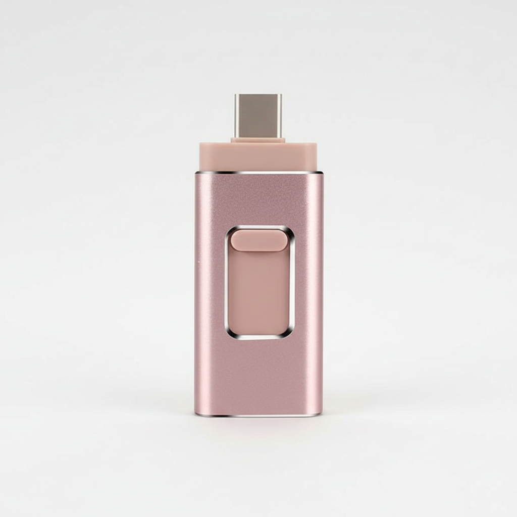 Kompakt 4-i-1 flashdrive i metall. Extern lagring för mobil, surfplatta och PC. Med USB-C och Lightning.