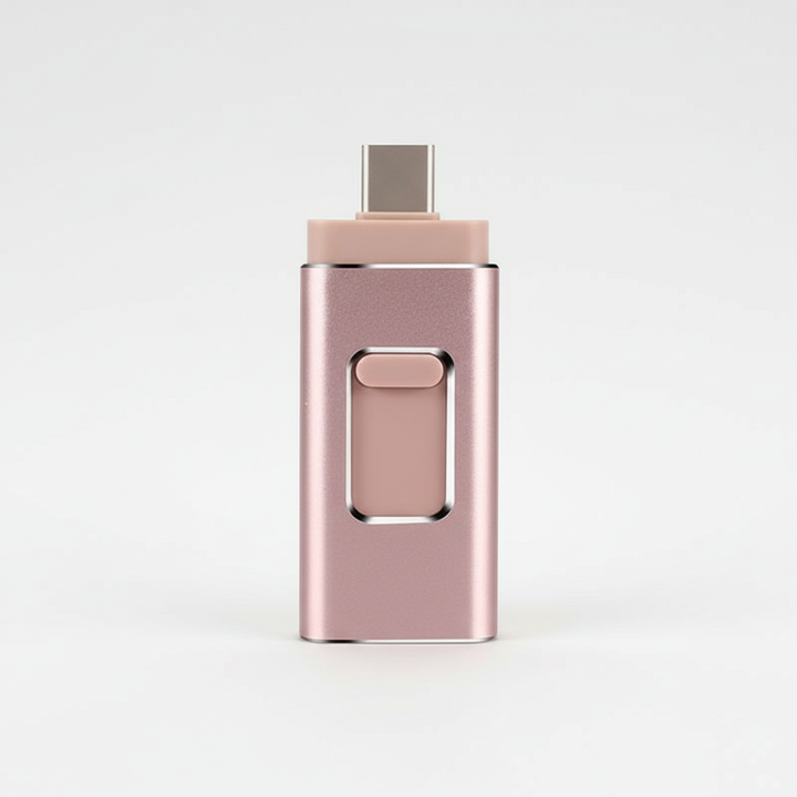 Kompakt 4-i-1 flashdrive i metall. Extern lagring för mobil, surfplatta och PC. Med USB-C och Lightning.