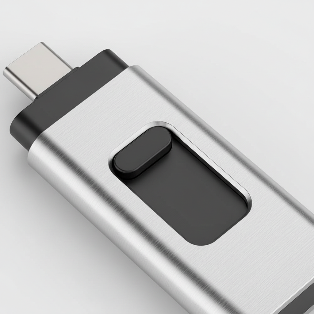 Säkert USB-minne 4-i-1 för datalagring. Kompatibelt med Lightning, USB-C, USB-A. Perfekt för kontor & skola.