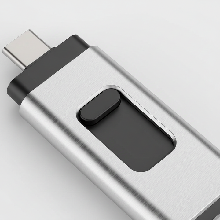 Säkert USB-minne 4-i-1 för datalagring. Kompatibelt med Lightning, USB-C, USB-A. Perfekt för kontor & skola.