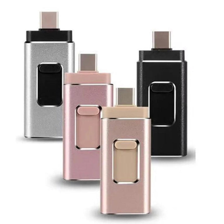 Praktiskt 4-i-1 externminne i metall. Enkel filöverföring mellan olika enheter. USB-C, Lightning, USB.