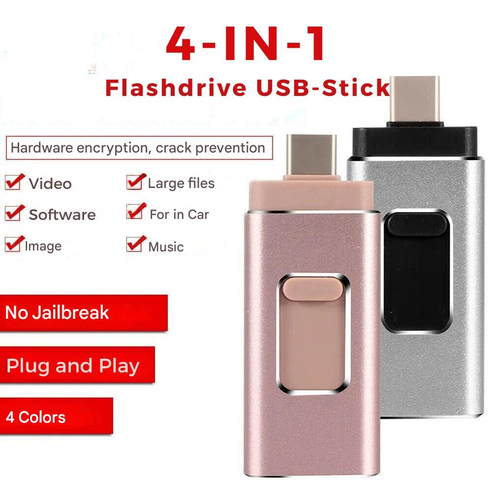 Portabelt 4-i-1 USB-minne för alla dina enheter. Säker extern datalagring med flera anslutningar.