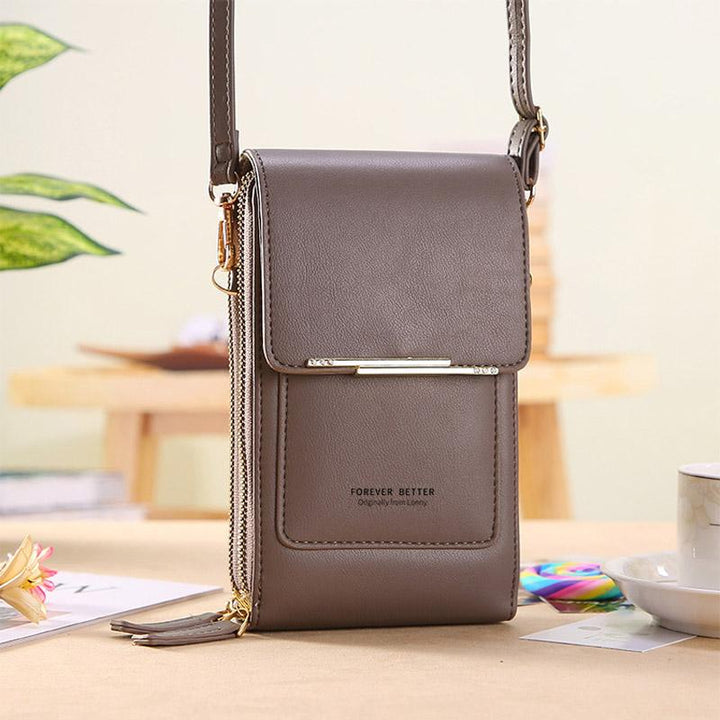 Grå crossbody-mobilväska för dam med axelrem