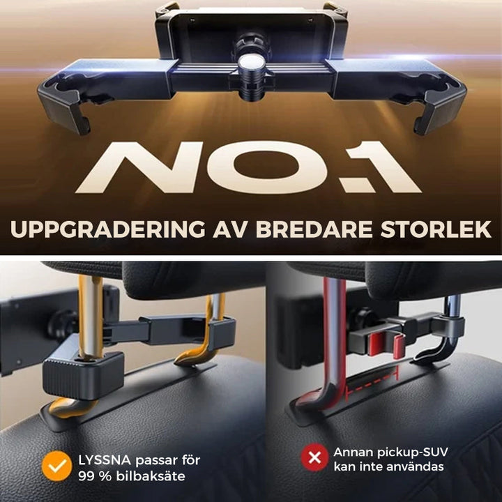 "Universellt tablettfäste för bilbaksäte, 360° rotation, justerbara ben, för enheter 4,7–12,9 tum, svart design."