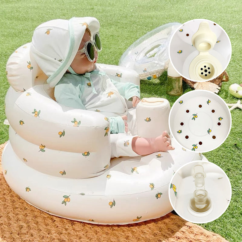 Uppblåsbar babysits med ergonomiskt ryggstöd, i pastellfärger, för barn 3-48 månader, ideal för trygg sittkomfort.