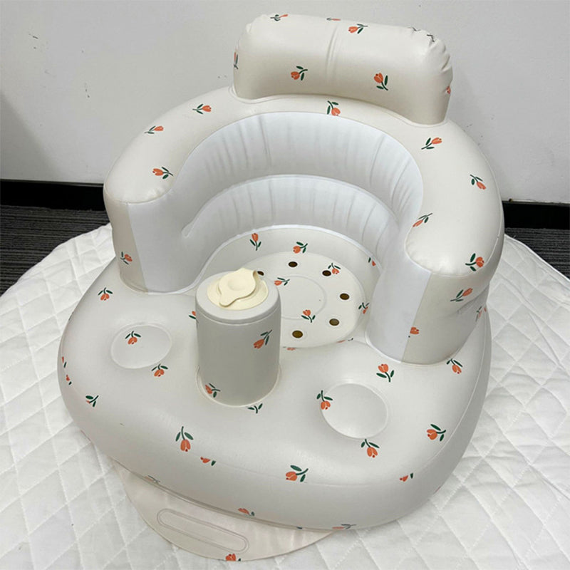 Uppblåsbar babysits med ergonomiskt ryggstöd, i pastellfärger, för barn 3-48 månader, ideal för trygg sittkomfort.