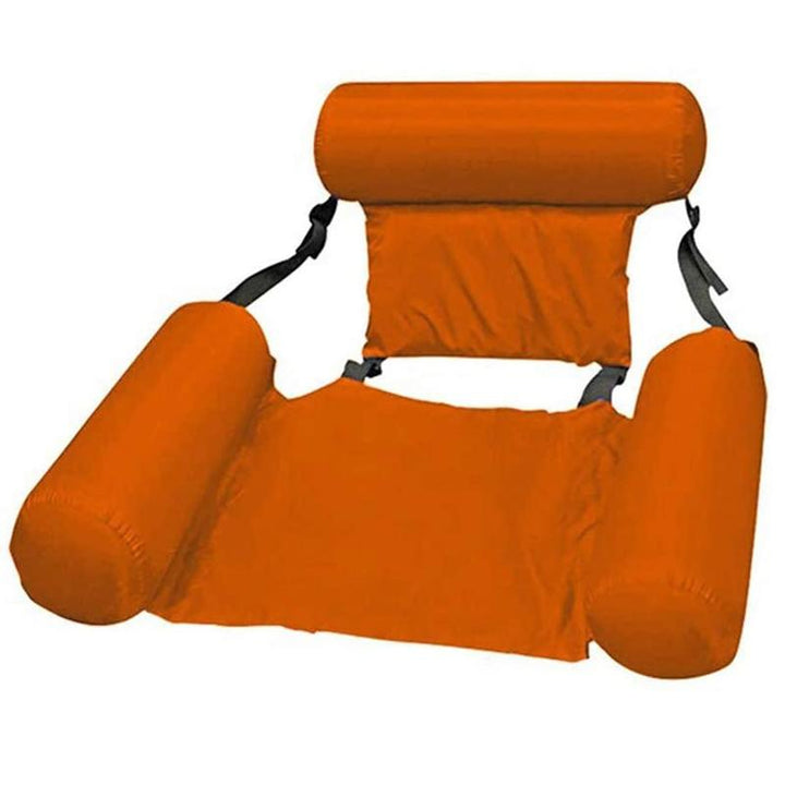 Uppblåsbar flytande loungestol för vuxna i blått på vatten, ergonomisk design för komfort och justerbar för bästa passform.