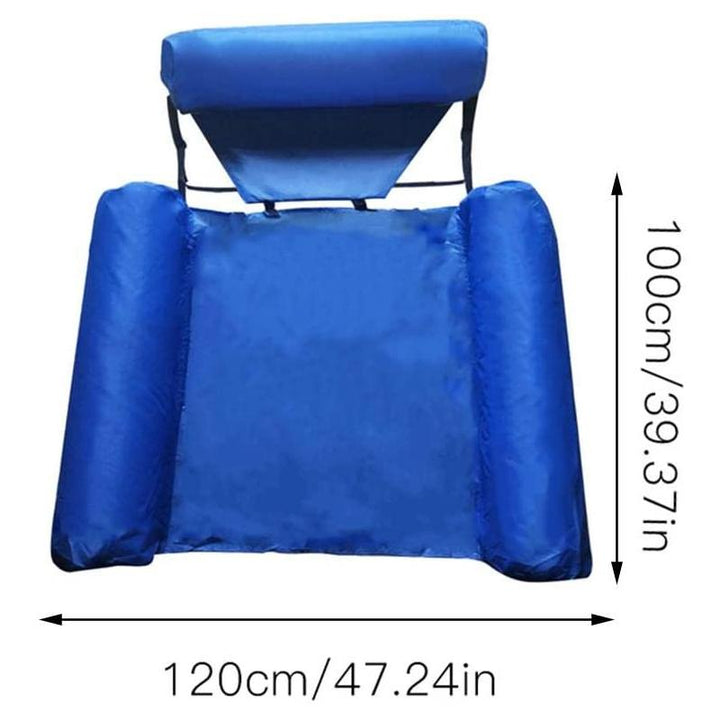 Uppblåsbar flytande loungestol för vuxna i blått på vatten, ergonomisk design för komfort och justerbar för bästa passform.