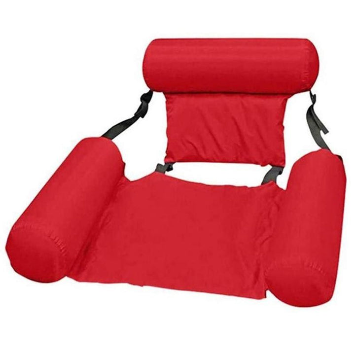 Uppblåsbar flytande loungestol för vuxna i blått på vatten, ergonomisk design för komfort och justerbar för bästa passform.