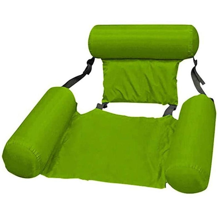 Uppblåsbar flytande loungestol för vuxna i blått på vatten, ergonomisk design för komfort och justerbar för bästa passform.
