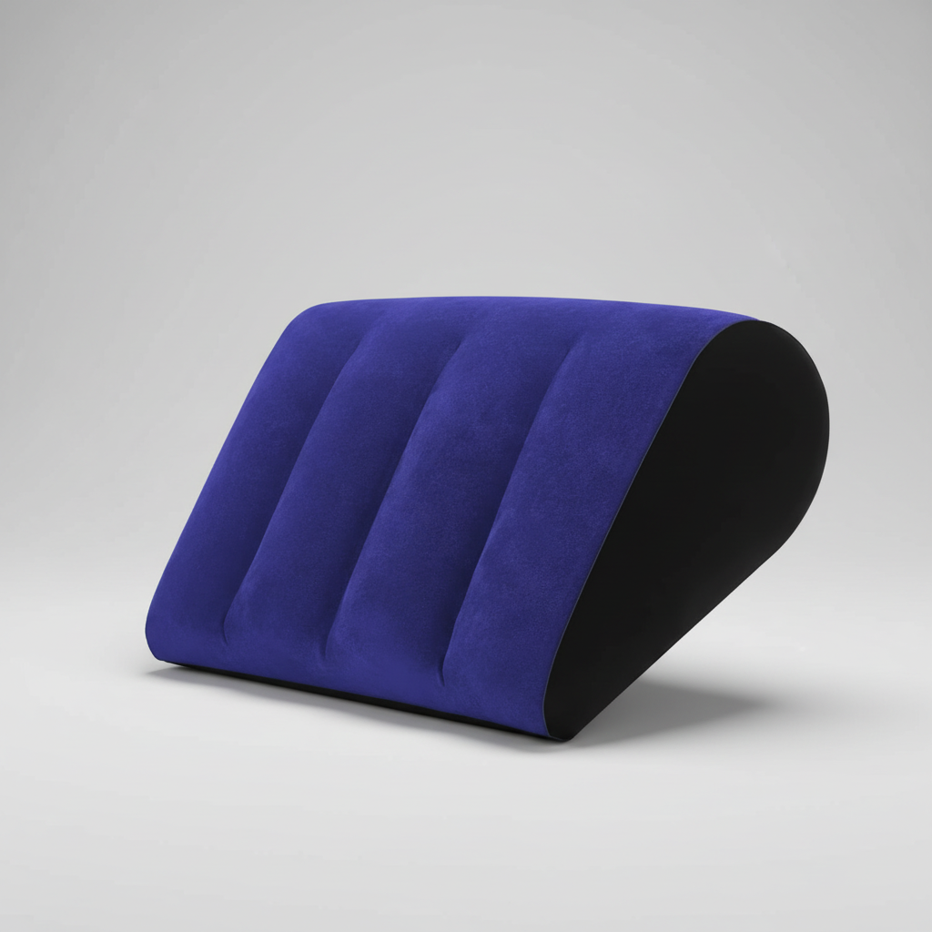 Blå uppblåsbar kilkudde med ergonomisk design mot neutral bakgrund