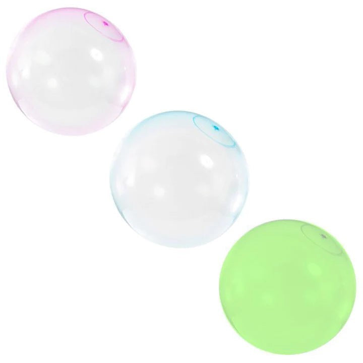 "Uppblåsbar rivsäker bubbelboll, rosa, grön och ljusblå, perfekt för barnlek utomhus, storlekar S till XL."