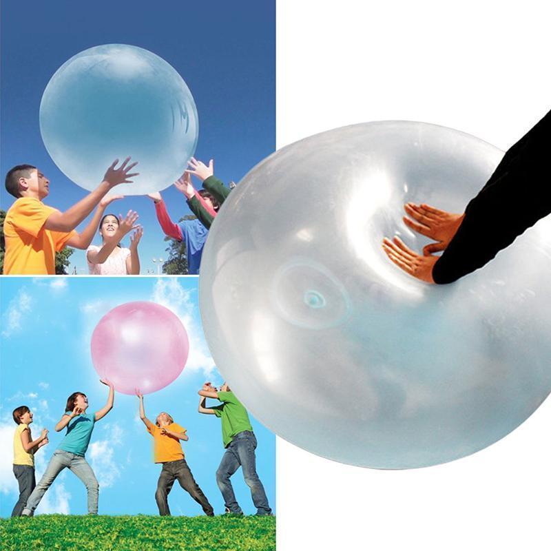 "Uppblåsbar rivsäker bubbelboll, rosa, grön och ljusblå, perfekt för barnlek utomhus, storlekar S till XL."