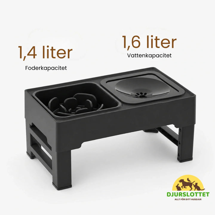 Ergonomisk upphöjd matskål som förbättrar hundens hållning och matsmältning under måltiden.