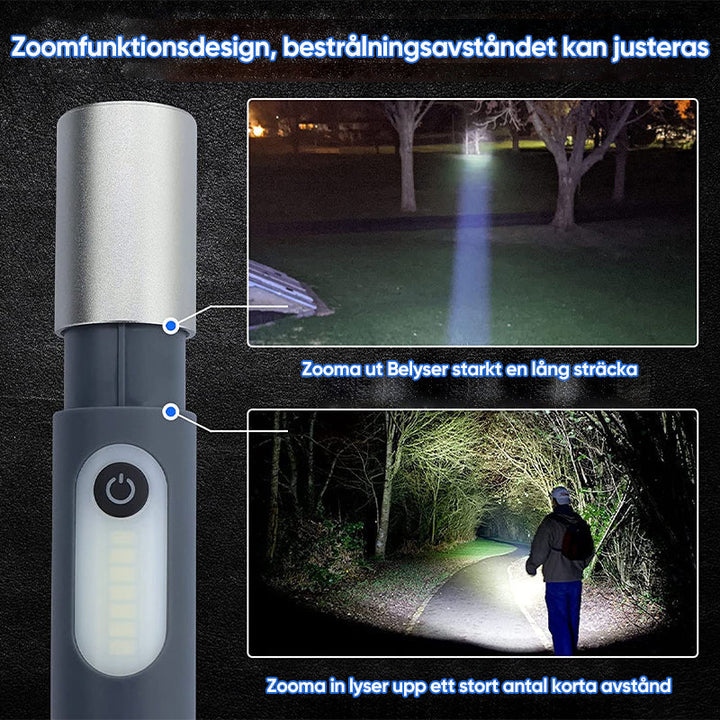 "Uppladdningsbar LED-ficklampa med svart aluminiumkropp, bred strålkastare och krok, perfekt för utomhusbruk."