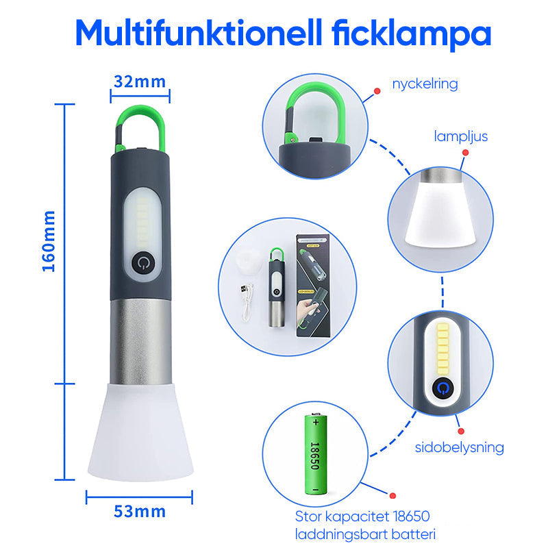 "Uppladdningsbar LED-ficklampa med svart aluminiumkropp, bred strålkastare och krok, perfekt för utomhusbruk."