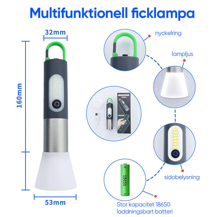 "Uppladdningsbar LED-ficklampa med svart aluminiumkropp, bred strålkastare och krok, perfekt för utomhusbruk."