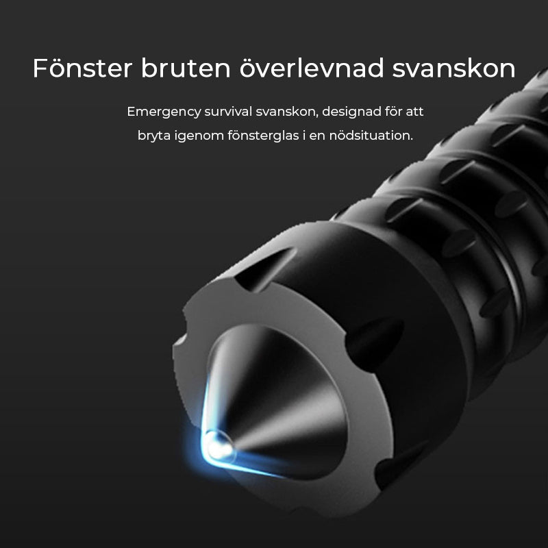 Uppladdningsbar taktisk ficklampa, 90000 lumen, IPX5 vattentät, robust design, för äventyr och nödsituationer.