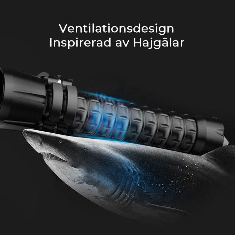 Uppladdningsbar taktisk ficklampa, 90000 lumen, IPX5 vattentät, robust design, för äventyr och nödsituationer.