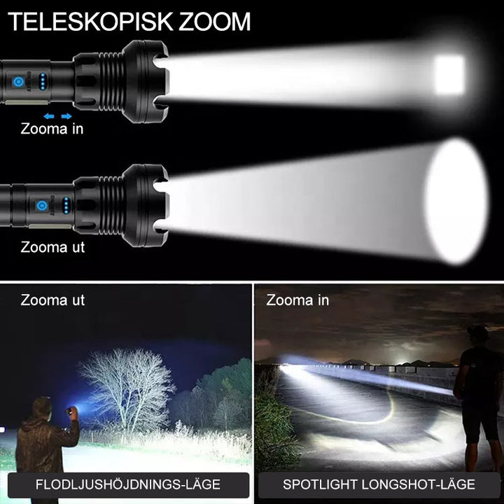 Uppladdningsbar taktisk LED-ficklampa med 90000 lumen, aluminium, zoomfunktion, stark och hållbar belysning för camping.