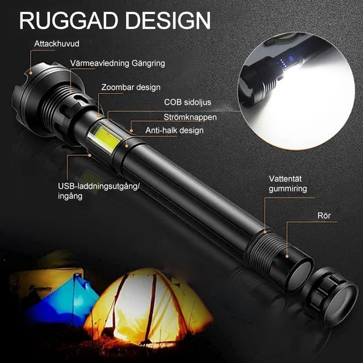 Uppladdningsbar taktisk LED-ficklampa med 90000 lumen, aluminium, zoomfunktion, stark och hållbar belysning för camping.
