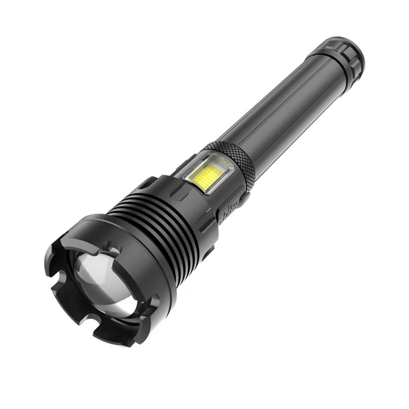 Uppladdningsbar taktisk LED-ficklampa med 90000 lumen, aluminium, zoomfunktion, stark och hållbar belysning för camping.