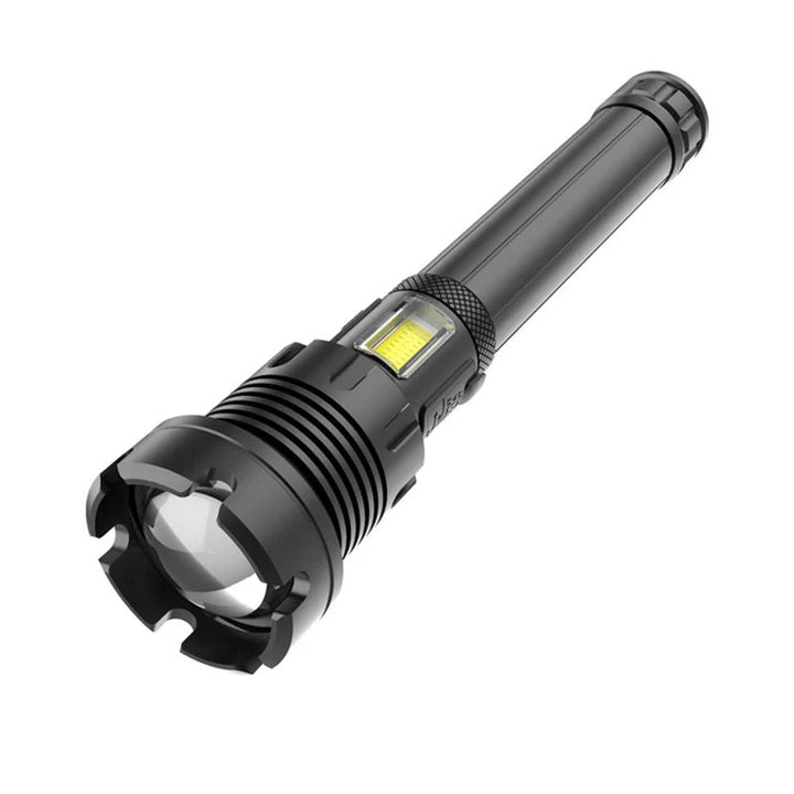 Uppladdningsbar taktisk LED-ficklampa med 90000 lumen, aluminium, zoomfunktion, stark och hållbar belysning för camping.