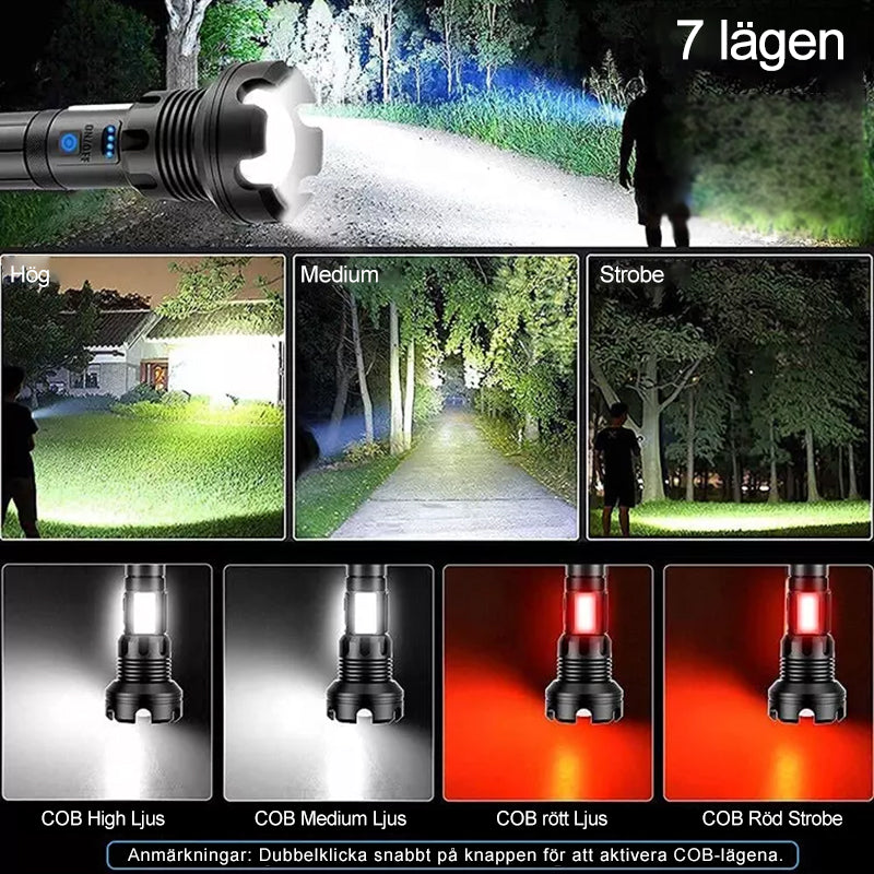 Uppladdningsbar taktisk LED-ficklampa med 90000 lumen, aluminium, zoomfunktion, stark och hållbar belysning för camping.
