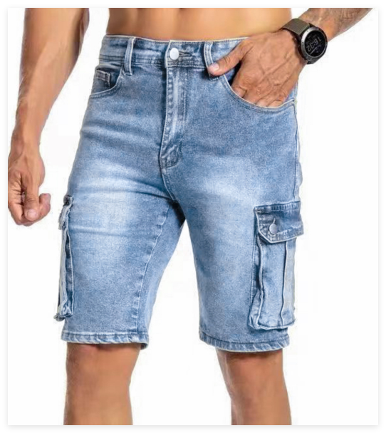 Detaljbild på ficka hos urban denim herrshorts. Kvalitativa sömmar för hållbarhet och stil.