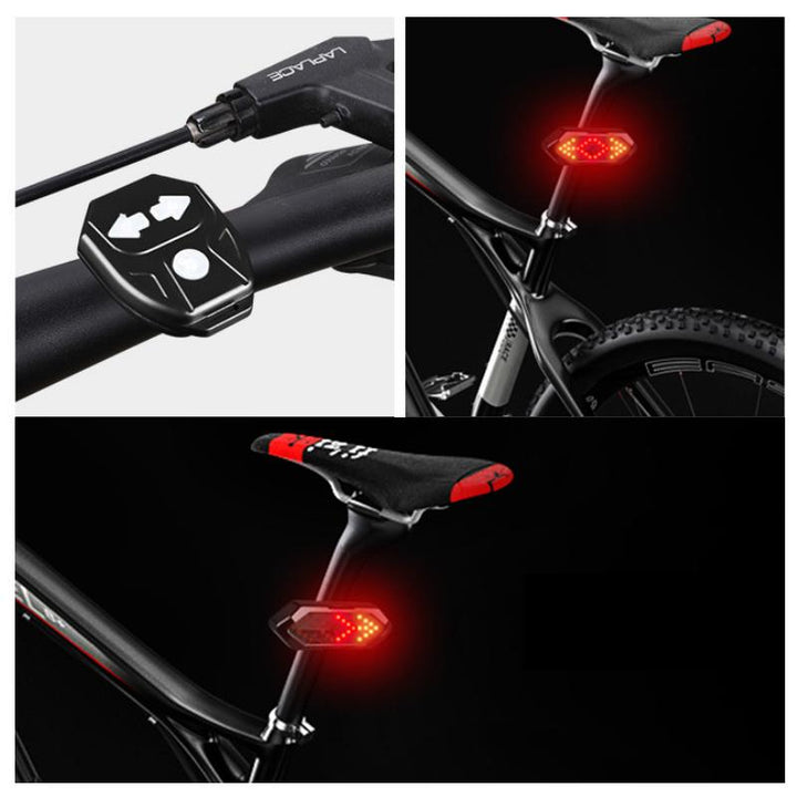 "USB-uppladdningsbart cykel bakljus med blinkers och horn, svart design, LED-ljus för säker cykling, vädertåligt."