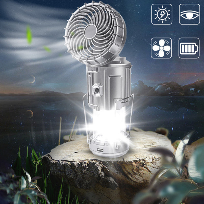 "Utomhus LED-campinglampa med inbyggd fläkt, robust ABS-design i silver och gyllene, perfekt för camping."