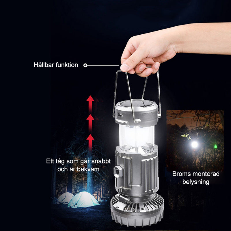 "Utomhus LED-campinglampa med inbyggd fläkt, robust ABS-design i silver och gyllene, perfekt för camping."