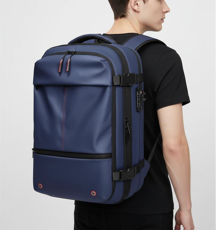 Grå pendlarryggsäck med smart förvaring och flera fack. Utvidbar design för effektiv packning.