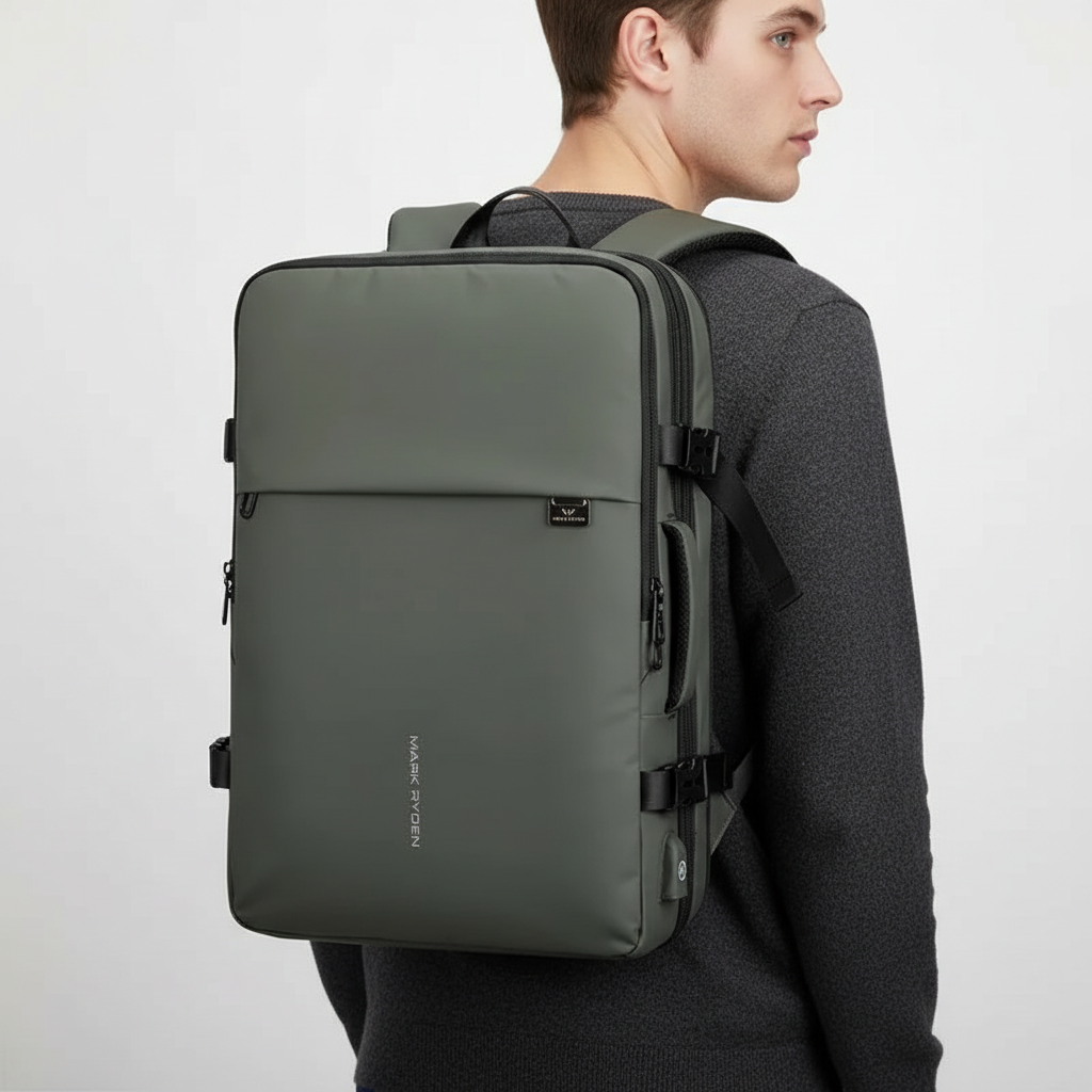 Modern TravelX laptopryggsäck med smarta fack, perfekt för affärsresor och urban pendling.