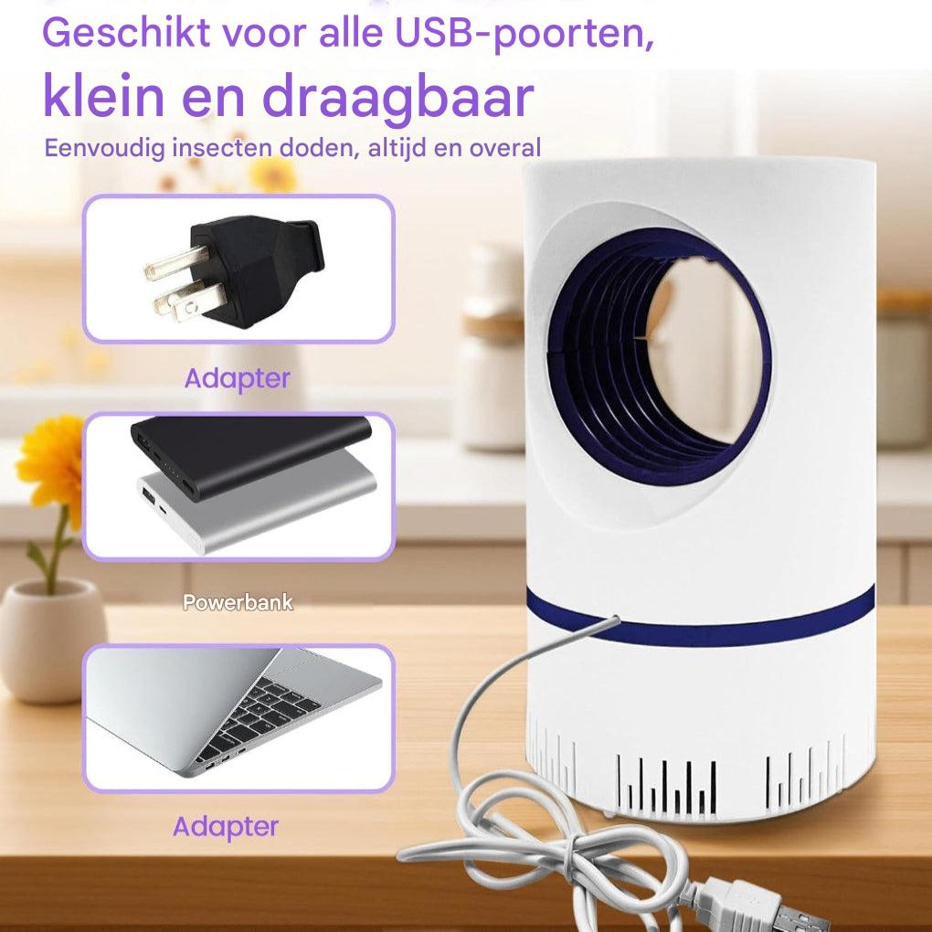 UV-insektsfälla med USB-kabel ansluten till powerbank och adapter