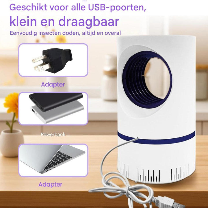 UV-insektsfälla med USB-kabel ansluten till powerbank och adapter