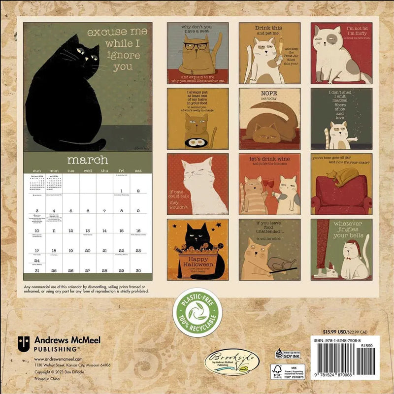 "Väggkalender 2024 med humoristiska kattbilder, perfekt för kattälskare som vill ha skratt i vardagen."