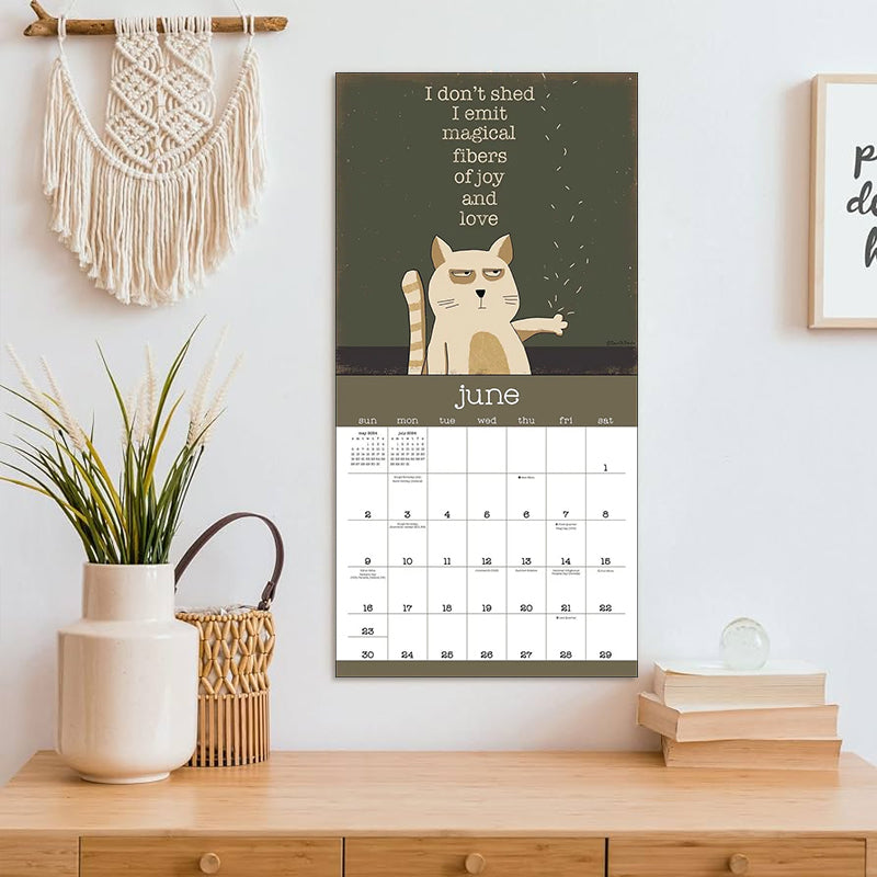 "Väggkalender 2024 med humoristiska kattbilder, perfekt för kattälskare som vill ha skratt i vardagen."