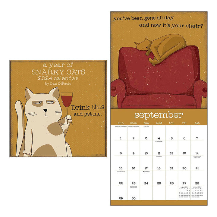 "Väggkalender 2024 med humoristiska kattbilder, perfekt för kattälskare som vill ha skratt i vardagen."