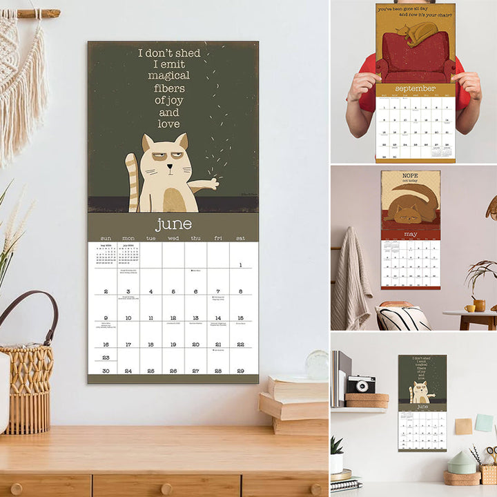 "Väggkalender 2024 med humoristiska kattbilder, perfekt för kattälskare som vill ha skratt i vardagen."