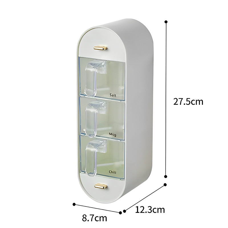 Väggmonterad kryddförvarare i plast med flera fack och sked, vit, transparent design för enkel kryddvisning i modernt kök.