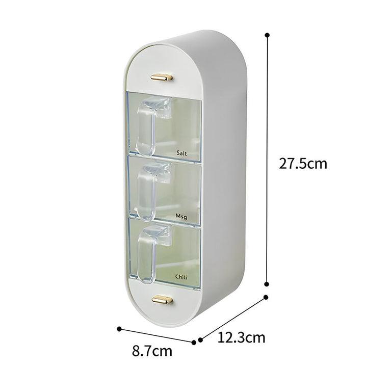 Väggmonterad kryddförvarare i plast med flera fack och sked, vit, transparent design för enkel kryddvisning i modernt kök.